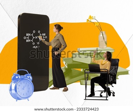 Contemporary art. Young woman, student sitting and looking on mobile phone screen and learning chemistry with tutor. Concept of online education, modern technologies, freelance job, innovations, ad