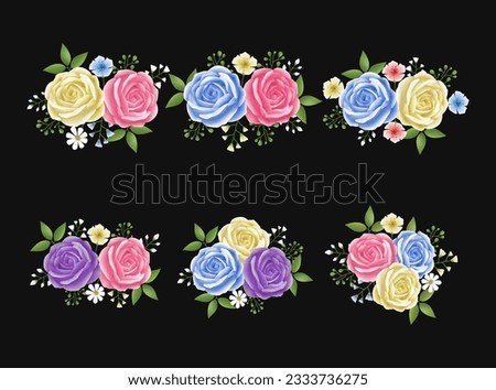 Roses flowers leaves garland with cyan, beige, pink and purple color set. Floral hand drawn for bouquets, wreaths, arrangements, wedding invitations