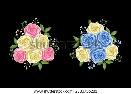 Roses flowers leaves garland with cyan, beige and pink color set. Floral hand drawn for bouquets, wreaths, arrangements, wedding invitations, anniversary, birthday, postcards, greetings