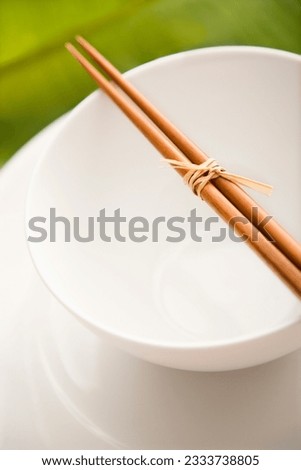 Chopsticks lying across an empty bowl on top of a plate. The dishes are white, and there is a green leaf in the background. Vertical shot.