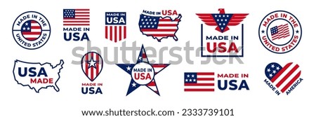 Made in usa seal badges. American labels. American quality product. Patriotic logo or stamp. Tags with flag of america. 