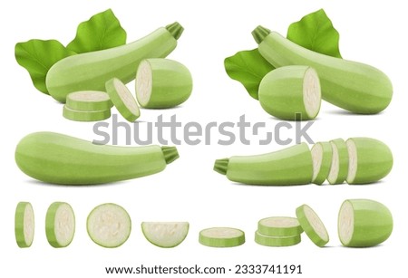 Set with whole, half, quarter, slices, and wedges of Green Zucchini. Courgette or marrow. Summer squash. Cucurbits. Fruits and vegetables. Realistic 3d vector illustration isolated on white background Royalty-Free Stock Photo #2333741191