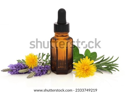 Lavender, rosemary, mint and dandelion flower and herb leaf sprigs with essential oil brown glass bottle, isolated over white background. Herbs for skincare.