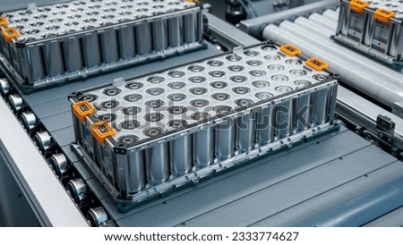 Lithium-ion High-voltage Battery Component for Electric Vehicle or Hybrid Car. Battery Module for Automotive Industry on Production Line. High Capacity Battery on Conveyor. Royalty-Free Stock Photo #2333774627