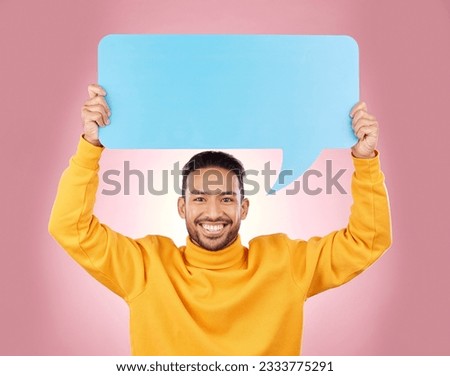 Speech bubble, voice and man or student presentation, news or announcement for college opportunity. Portrait, information and happy person, university FAQ or communication on studio, pink background