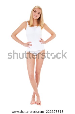 Young woman in white underwear. All on white background.