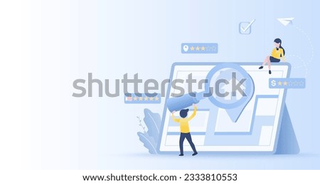 Business people searching for asset property map on online platform. Customer satisfaction survey location, price rating star. Flat vector design illustration with copy space.