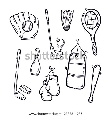 Sport equipment hand drawn icons. Baseball, hockey stick, golf, boxing gloves, shuttlecock badminton, bowling, racket doodle cartoon vector illustration
