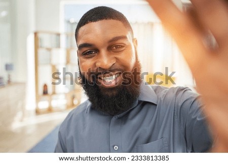 Black man, business and selfie with a smile on face of an influencer person at work. Portrait of an African guy or entrepreneur with job satisfaction and pride for social media profile picture update
