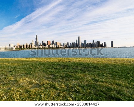 Urban cityscape skyline of Chicago, Illinois on Lake Michigan.