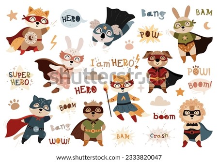 Superhero animal clipart. Cute animals in superhero masks and costumes. Vector illustration. Graphic set.