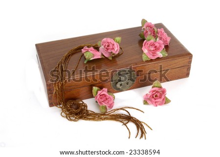 Wooden box with roses and necklace