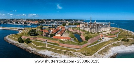 Aerial view of Kronborg castle with ramparts, ravelin guarding the entrance to the Baltic Sea and the Oresund in Helsingor Denmark