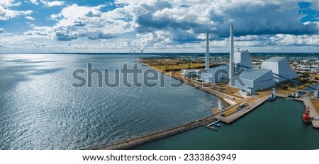 Aerial view of the Power station. One of the most beautiful and eco friendly power plants in the world. ESG green energy in Copenhagen, Denmark. Royalty-Free Stock Photo #2333863949