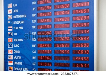 LED display containing international currency exchange rates.