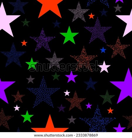 Superb spectrum stars dark seamless background. Gorgeous glittering seamless background with rainbow stars and blurs.