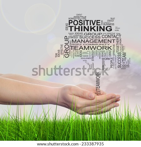 Concept conceptual text word cloud on man hand, tagcloud on rainbow sky background and grass, metaphor to business, team, teamwork, management, effective, success, communication, company or group