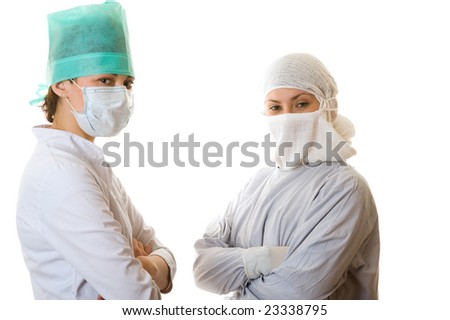 Portrait of two young doctors. Isolated on white background