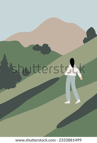 mountain landscape poster illustration clipart, vector travel road trip printable clip art, hiking in mountain scene images in flat style, tourist couple woman rock forest outdoor journey