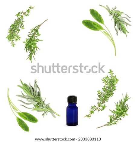 Herb leaf selection of lavender, sage, rosemary and thyme in an abstract circular design with blue essential oil glass bottle, over white background.