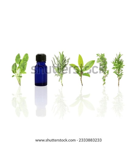 Herb leaf selection of sage, lavender, bay, common thyme, rosemary and aromatherapy essential glass oil bottle with reflection, over white background.