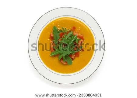 pumpkin soup, shot from above, white background
