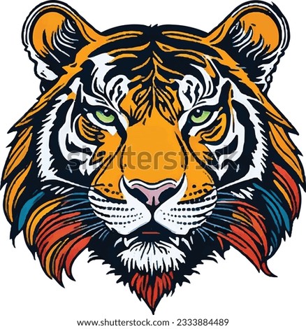Close-up of colorful painted Tiger face IN WATERCOLOR, Realistic wild animal illustration. Hand painted on paper, realistic artistic painting on white background.