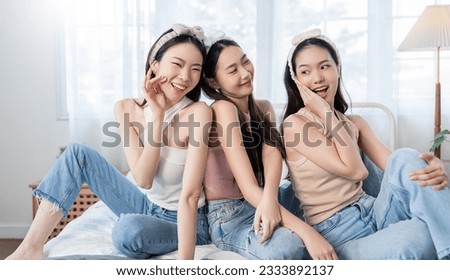 Closeup portrait of young beautiful asian group of friends girl in morning makeup routine. Beauty blogger woman with perfect glow skin dress up. Health care woman, together lifestyle cosmetic blogger  Royalty-Free Stock Photo #2333892137