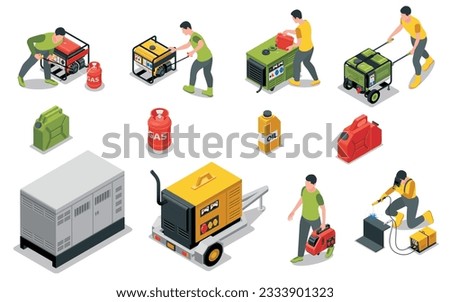 Electric generator set with fuel and power symbols isometric isolated vector illustration Royalty-Free Stock Photo #2333901323