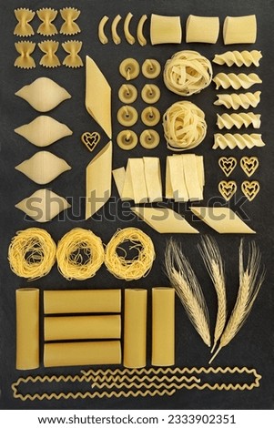 Large dried pasta food selection with natural wheat ears forming an abstract background on grey slate.