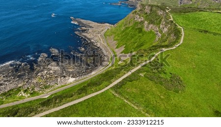 Aerial view of Atlantic Ocean on North Coast County Antrim Northern Ireland