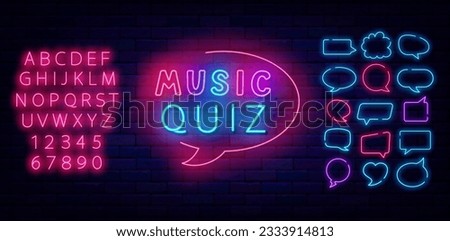 Music Quiz neon label. Colorful handwritten text. Speech bubbles frames set. Luminous pink alphabet. Exam and tv show. Glowing banner. Editing text. Vector stock illustration