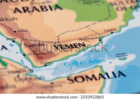 world map of south western asian country Yemen in close up focus Royalty-Free Stock Photo #2333922865
