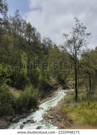 Picture of unique and beautiful river views. The water is yellow green but contains toxic gases and flows through a beautiful rocky valley, surrounded a sloping view of trees, so can spoil your eyes. 