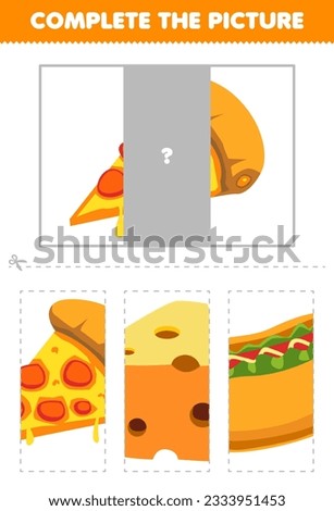 Education game for children cut and complete the correct picture of cute cartoon pizza printable food worksheet