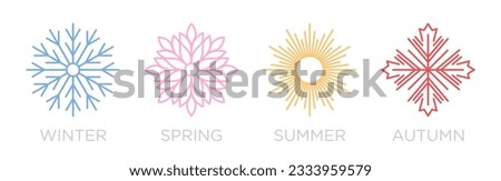 Four season icon logo concept vector design illustration. Snowflake, flower, sun, maple leaf icons template line art style Royalty-Free Stock Photo #2333959579