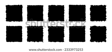 Torn paper pieces set. Black square frames with jagged edges. Ripped rectangle shape silhouettes collection. Textured grunge element bundle for collage, text box, banner, sticker. Vector illustration Royalty-Free Stock Photo #2333973253