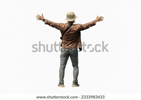 man turned his back and raised his hand.  isolated white background
