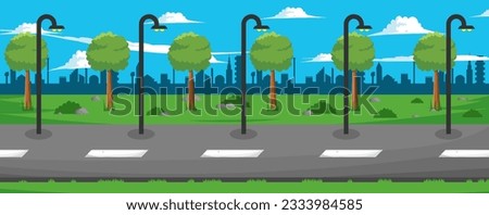 highway vector background, highway straight through the countryside. Green hills, urban, blue sky, for animation, roadside park background illustration, landscape vector Royalty-Free Stock Photo #2333984585
