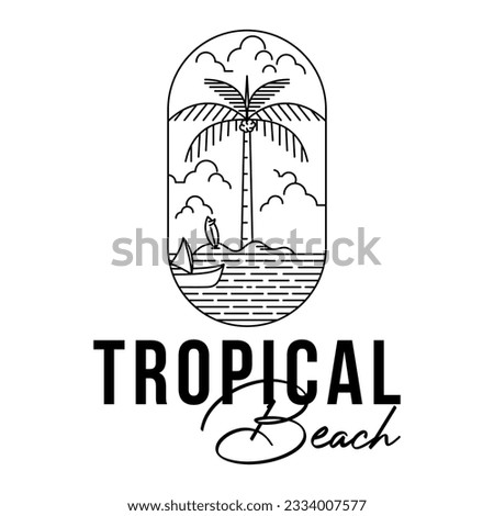 Tropical Beach Art Illustrations Logo. Palm, Surf, Boat Line art.