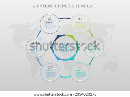 infographic template 6 options circle with multi colored borders outside Colored letters and icons in the middle of the directional arrows. circle inside the letters in the center of the map below. Royalty-Free Stock Photo #2334020273