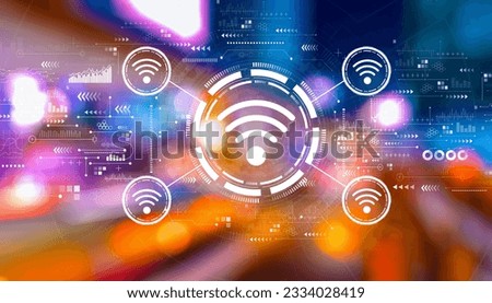 Wifi theme with urban city lights at night