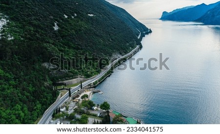 Lago de Garda lake Italia. Drone areal view. Nature mountains and lake view
