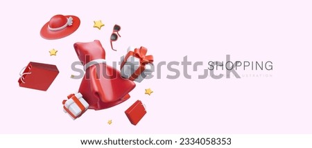 Happy shopping. Advertising banner in cartoon style. Template with floating 3D objects, place for text. Red dress, hat, sunglasses, gift boxes and packages, stars Royalty-Free Stock Photo #2334058353
