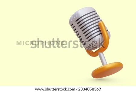 Realistic vintage metal microphone. Sound recording equipment. Symbol of concert, performance, singing competition. Concept on yellow background with place for text