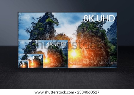 Visual comparison between different TV resolution sizes. TV resolution proportional size comparison, 8K ultra HD, 4K, Full HD and Standard definition. video resolutions visual comparison Royalty-Free Stock Photo #2334060527