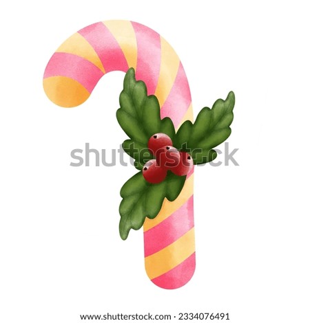 Festive watercolor pink and yellow christmas candy cane with holly and ornaments illustration.Cheerful christmas party clipart.