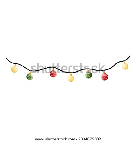 Watercolor christmas ornament clipart with red, yellow and green lights.Christmas ornament illustration.