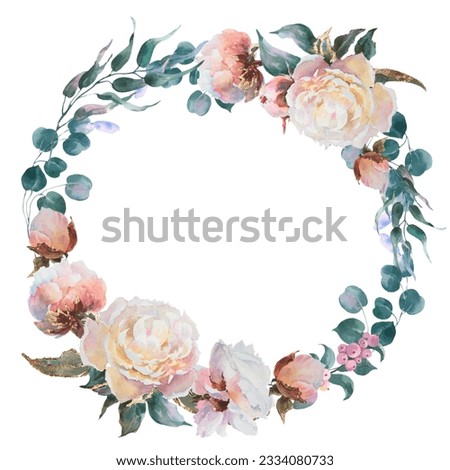 Wreath of peonies, white flowers peonies watercolor, eucaliptus branches, floral clip art. Bouquet perfectly for printing design on invitations, cards, Isolated on white background