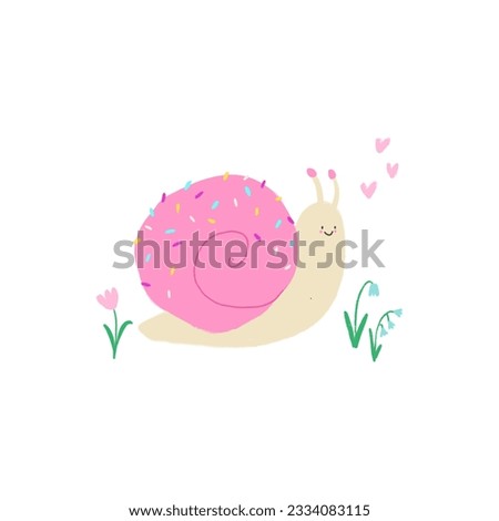 Beautiful kids clip art with cute hand drawn colorful snail. Stock illustration.